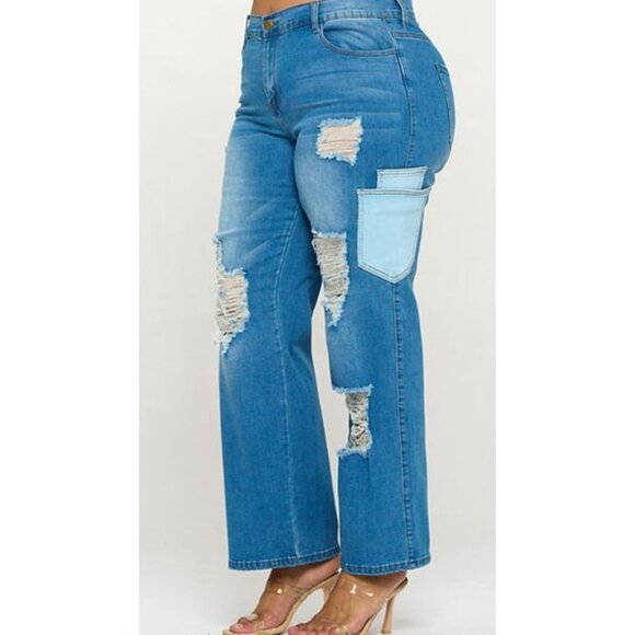 Blue Turtle Womens Sustainable Distressed Denim Jeans With Patchwork Design & St - Picture 2 of 8